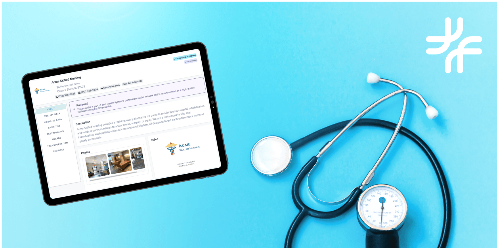 Screenshot of Repisodic Community profile on a tablet, next to a stethoscope