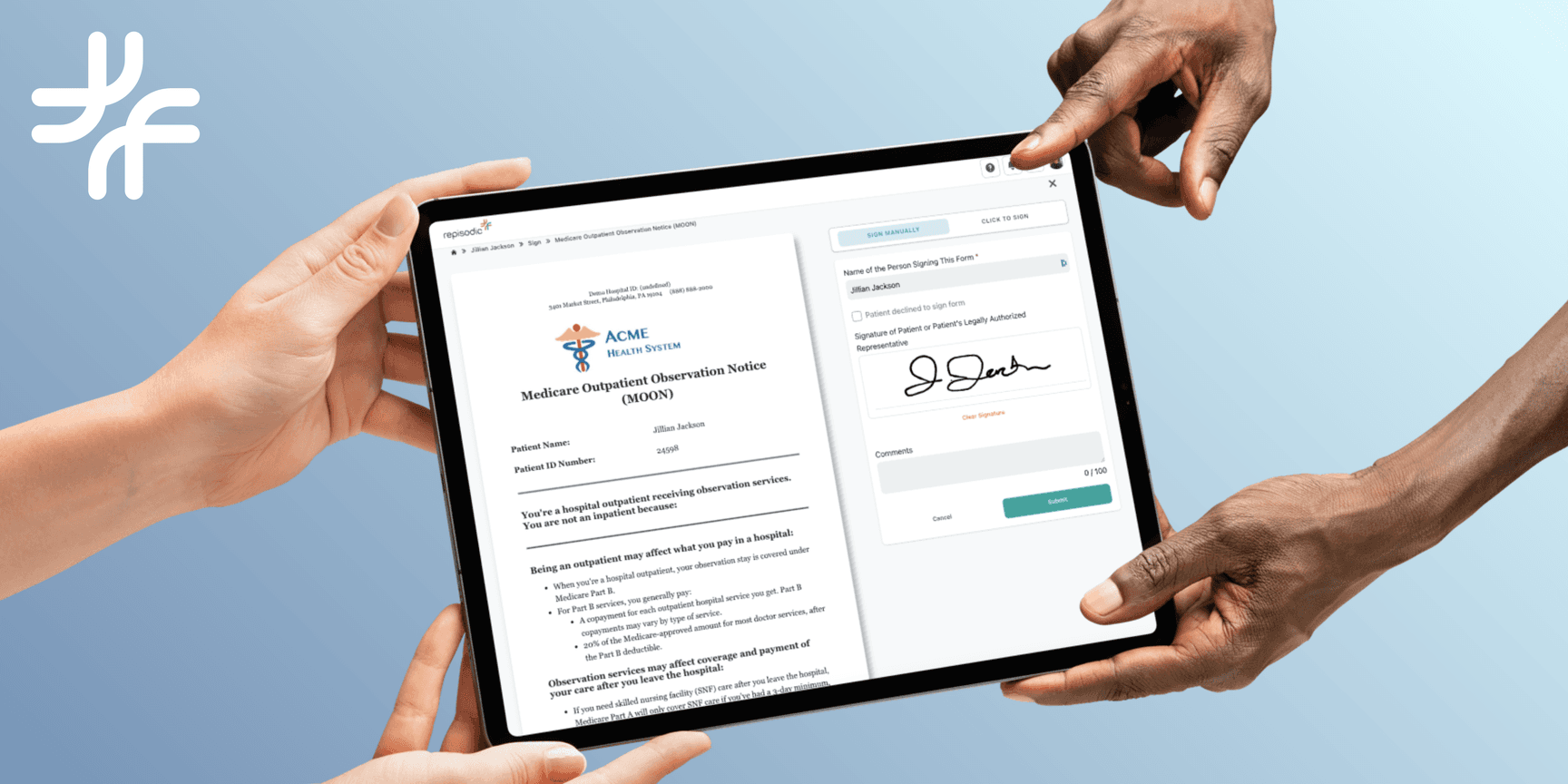 Screenshot of form signing interface on a tablet