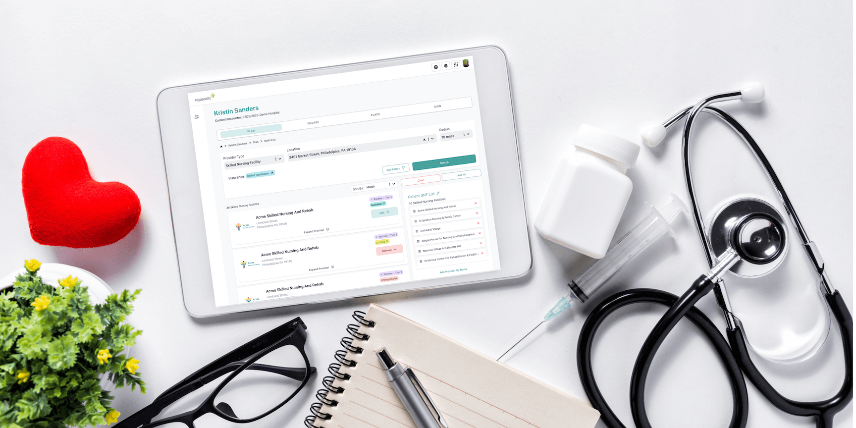 Screenshot of Repisodic Discharge on a tablet, next to a stethoscope