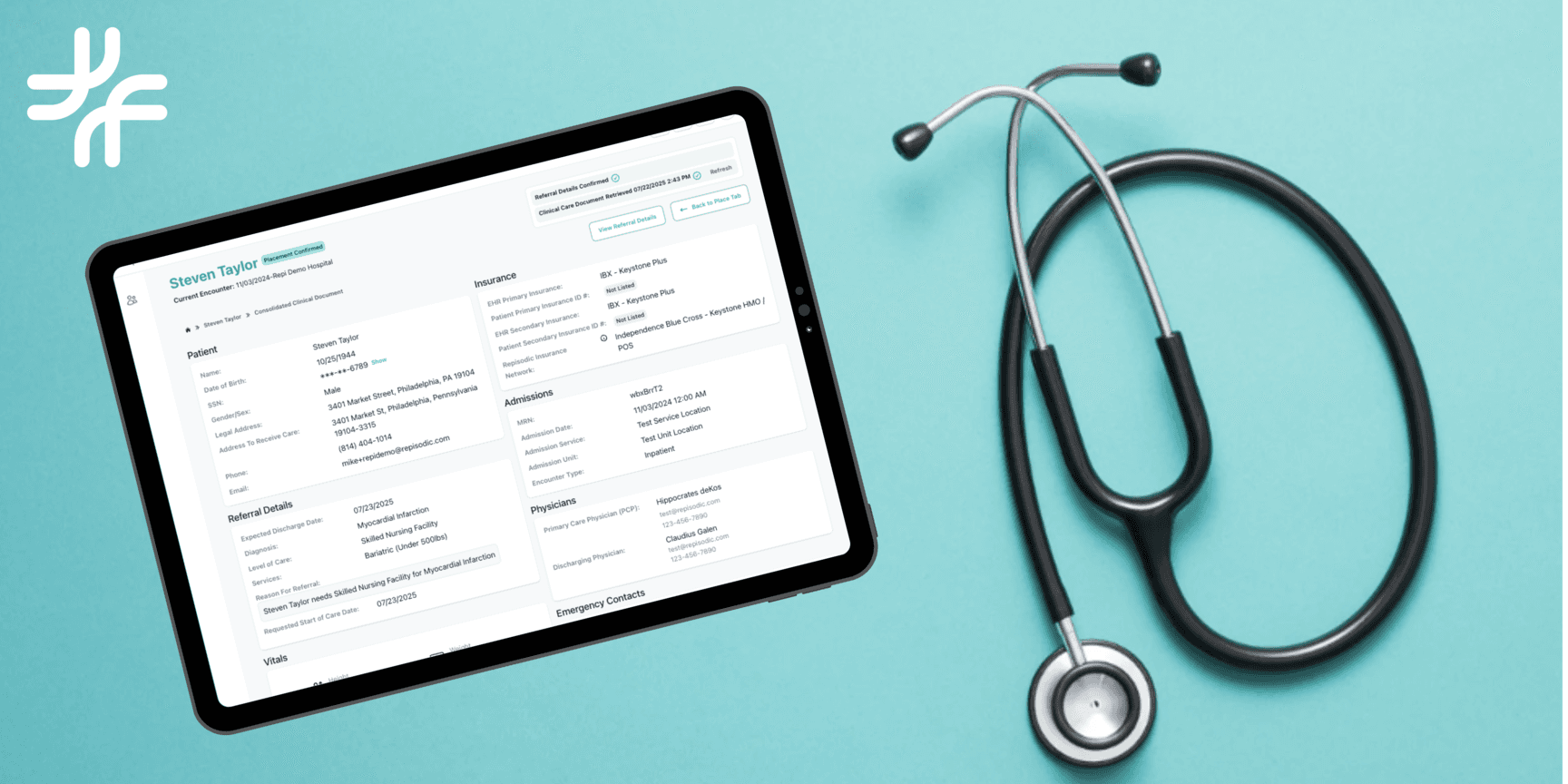Screenshot of Repisodic Referrals on a tablet, next to a stethoscope
